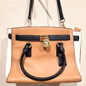 Michael Kors Leather Handbag Satchel Purse Large Handbag White Tan Crossbody